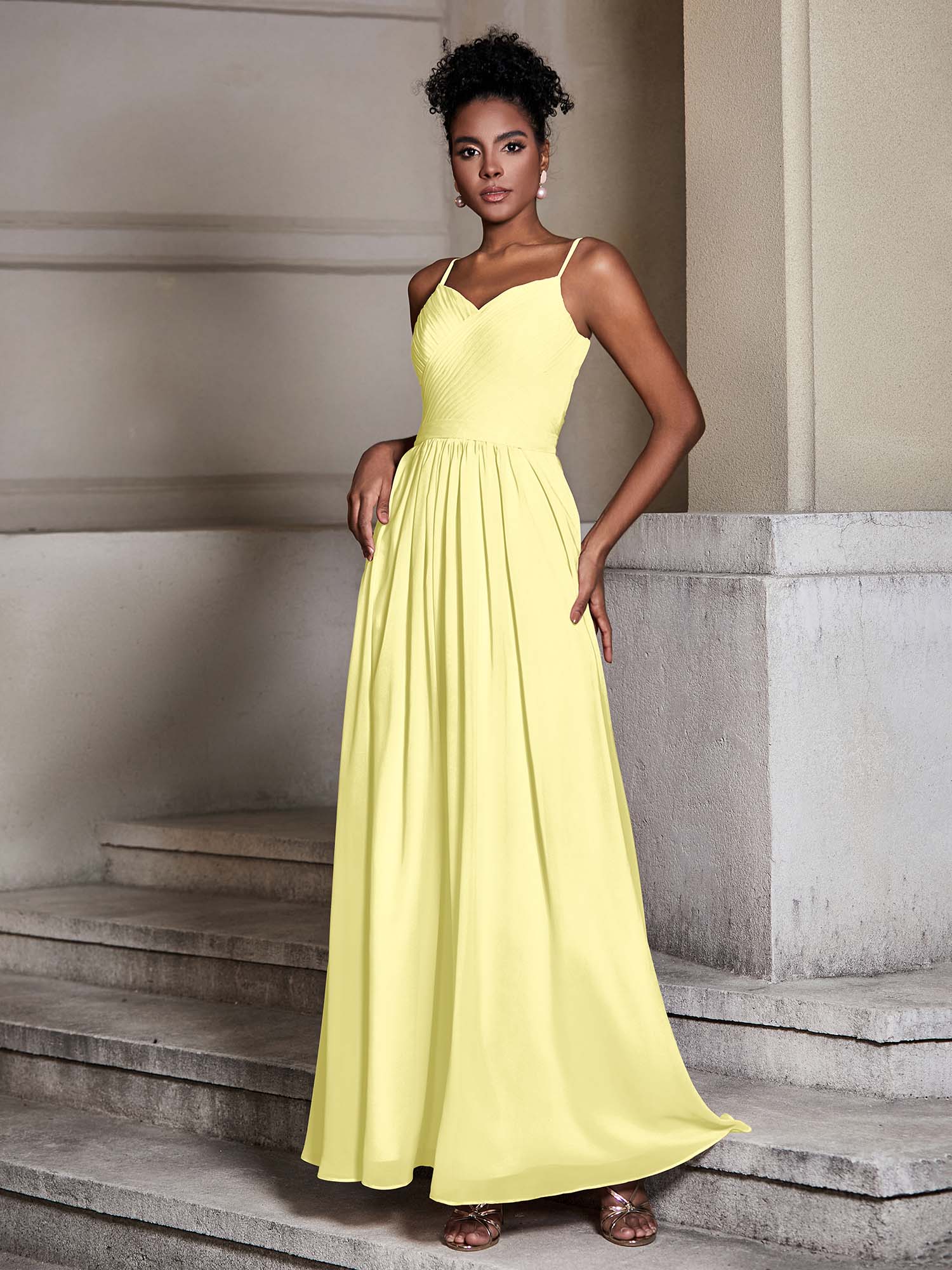 Cross Pleated Bodice Spaghetti Strap Dresses Daffodil